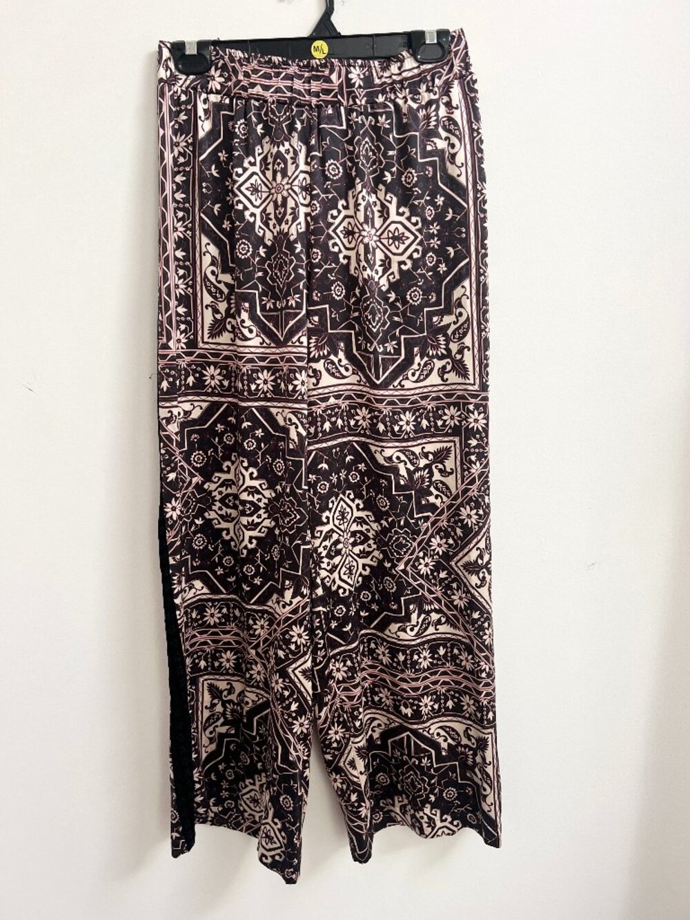 Johnny Was Ophelia Silk Blend Mixed Media Wide Leg Velvet Trim Pants M